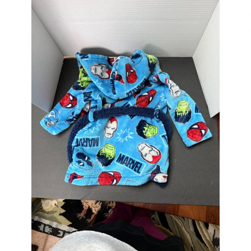 Marvel Avengers Toddler‎ Boys Plush Hooded Bathrobe Blue Spider-Man Hulk 2T